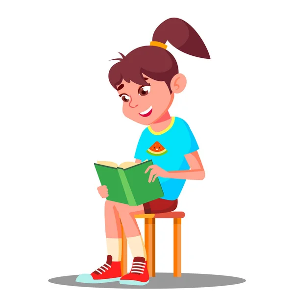 Pequena garota inteligente lendo um livro em casa Vector. Conceito de Educação. Ilustração isolada — Vetor de Stock