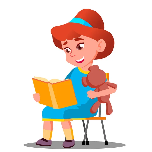 Szép kislány olvasó egy könyv, egy puha játék vektor. Oktatási koncepció. Elszigetelt illusztráció — Stock Vector