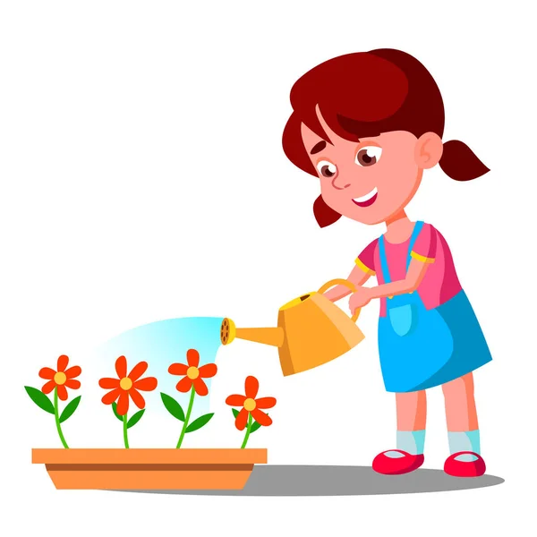 Μικρό κορίτσι πότισμα λουλουδιών διάνυσμα. Βοήθεια. Απομονωμένη εικονογράφηση — Διανυσματικό Αρχείο