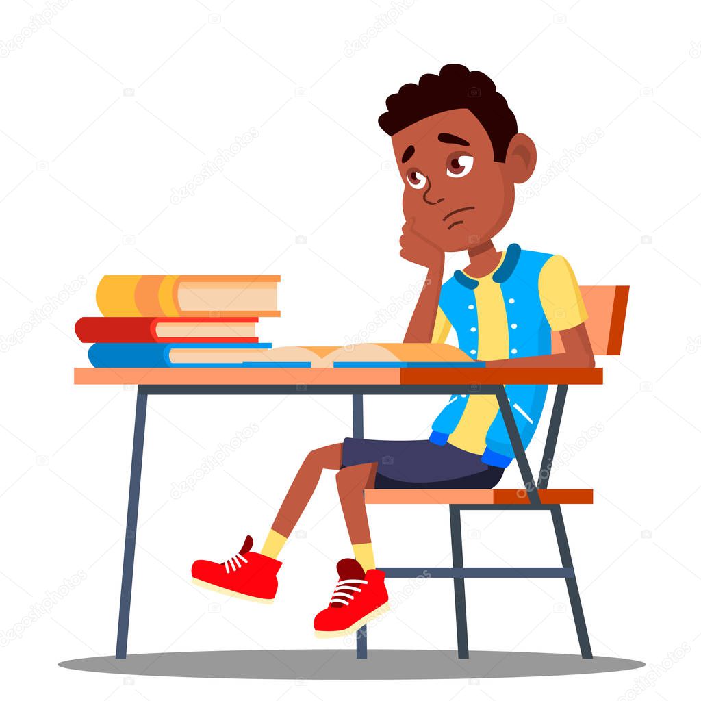 Sad Child Sitting At A Desk In The Classroom Vector. School. Education. Isolated Illustration
