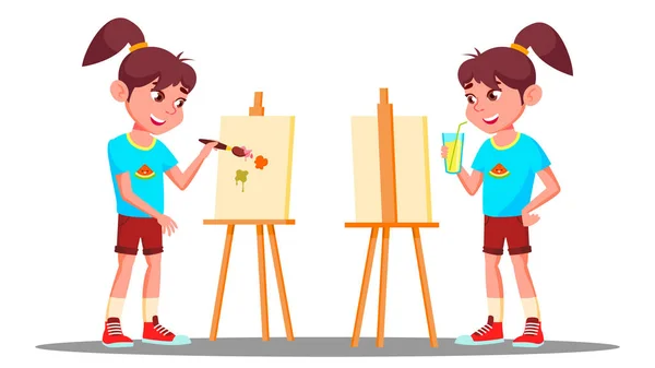 Mała dziewczynka rysunku na sztalugach z kolorze farby wektor. Artysta. Ilustracja na białym tle — Wektor stockowy