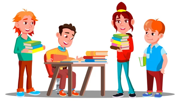 Kinder lesen gemeinsam Bücher in der Bibliothek, pädagogischer Konzeptvektor. Lesen. Vereinzelte Illustration — Stockvektor