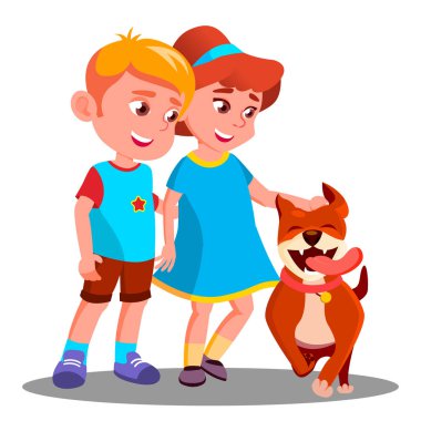 Erkek ve kız yürümek köpek, evde beslenen hayvan vektör. İzole illüstrasyon