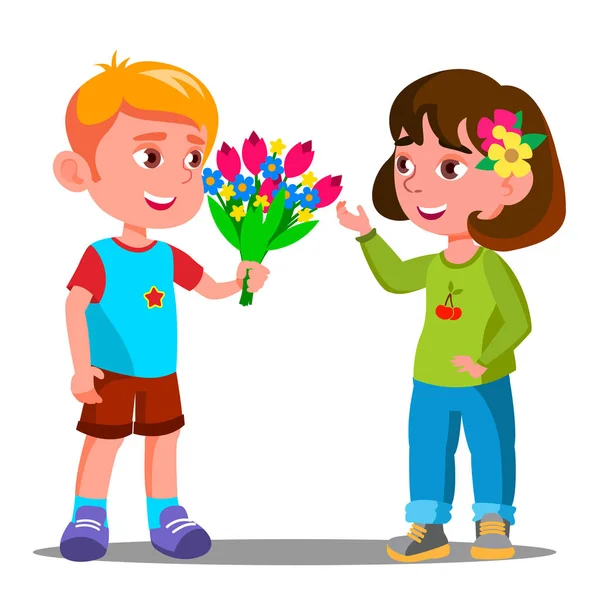 O rapazinho dá as flores à menina vectora. Ilustração isolada — Vetor de Stock