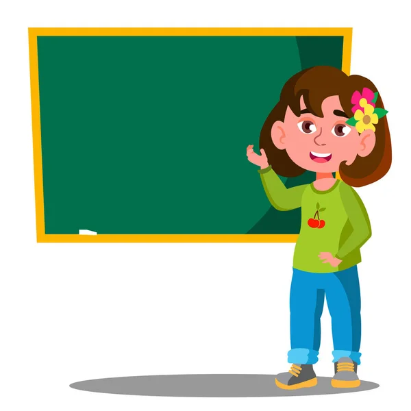 Schülerin steht in der Nähe einer Schultafel im Klassenvektor. Vereinzelte Illustration — Stockvektor