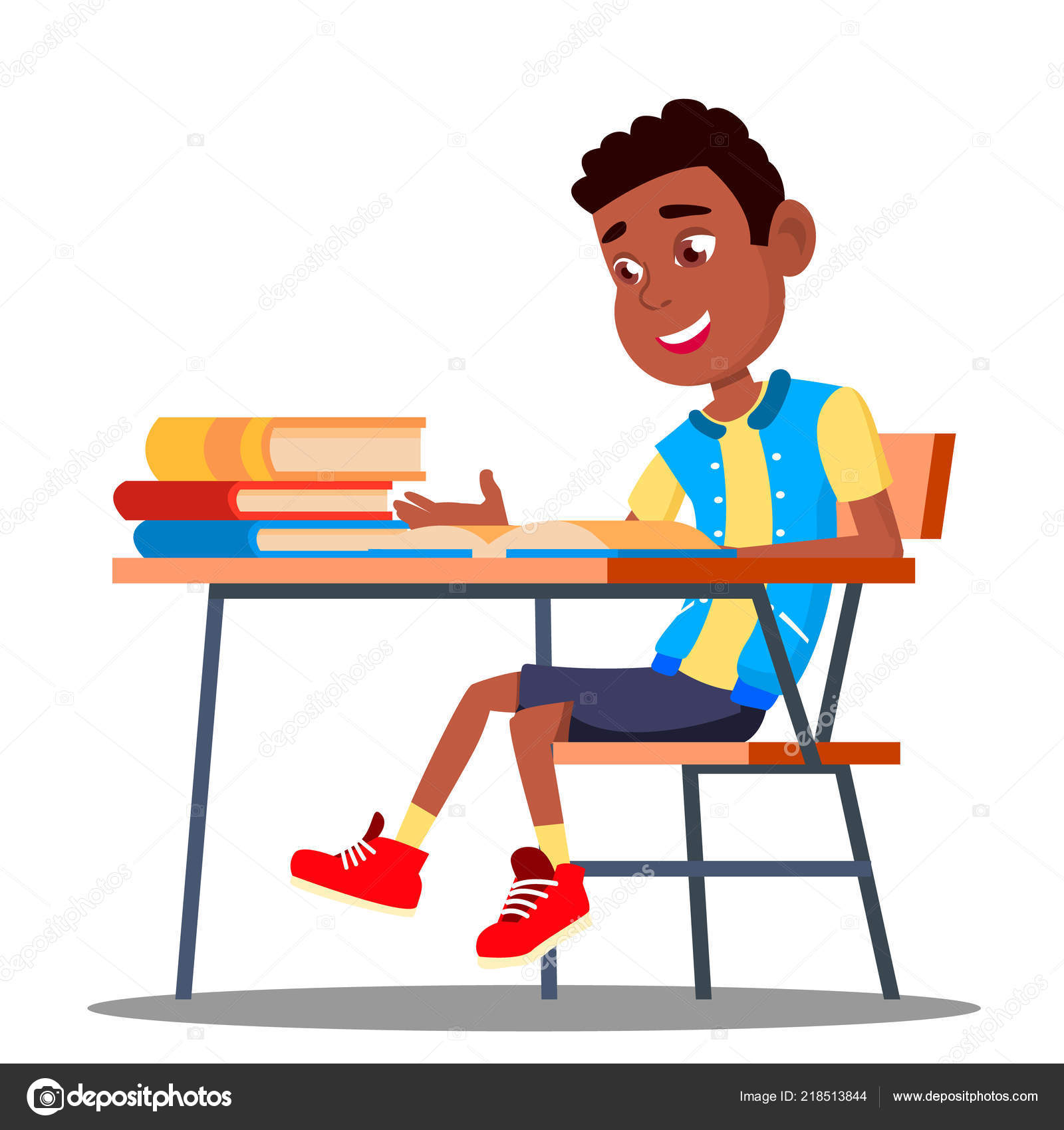 Little Pupil At A Desk Reading Book In The Classroom Vector Black