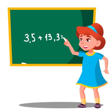 Kız öğrenci Blackboard vektör, matematiksel bir sorunu çözer. İzole illüstrasyon