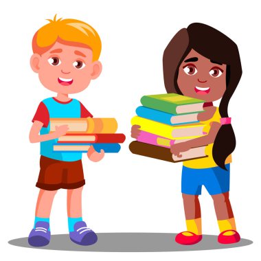 Çocuk kitapları vektör ağır bir yığın taşıyor. İzole illüstrasyon