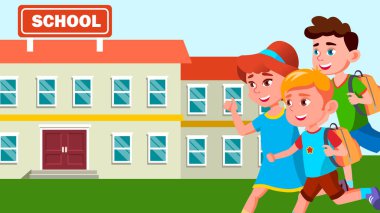 Çocuk ile sırt çantaları okul binası vektör arka plan üzerinde çalışıyor. İzole illüstrasyon