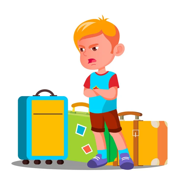 Angry Little Boy está llorando cerca de Travel Bags Vector. Ilustración aislada — Vector de stock