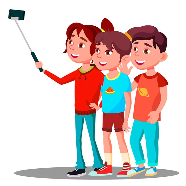 Grup çocukların cep telefonu vektör Selfie resmini yapmak. İzole illüstrasyon