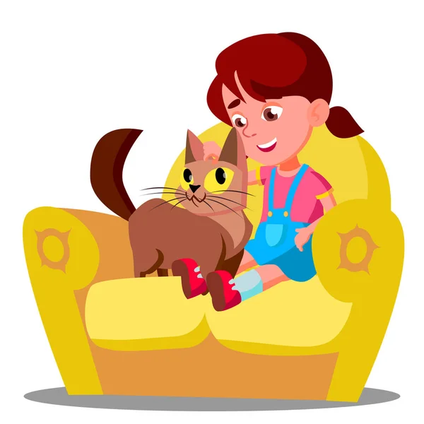 Liten flicka med en katt som sitter på soffan vektorn. Isolerade Illustration — Stock vektor