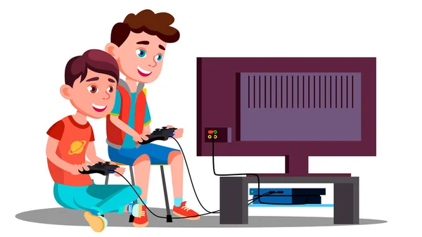 Two Children Boy Play A Video Game Vector (em inglês). Ilustração isolada — Vetor de Stock
