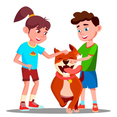 İki çocuk mutlu köpek vektör sevişme. İzole illüstrasyon