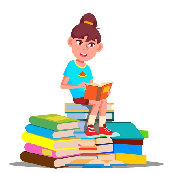 Kitap vektör bir yığın üstüne oturan küçük kız. İzole illüstrasyon — Stok Vektör