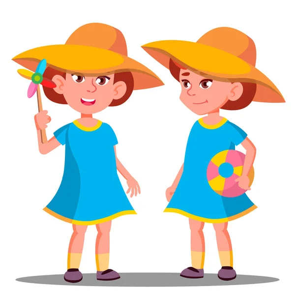 Smiling Little Girl In A Big Hat On The Beach Vector. Isolated Illustration — Stock Vector