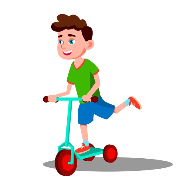 アクティブな小さな男の子は、スクーターのベクトルを乗っています。孤立した図 — ストックベクタ