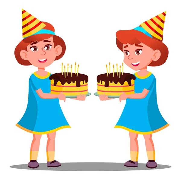 Menina feliz no tampão do partido prende um bolo de aniversário em mãos vetor. Ilustração isolada — Vetor de Stock