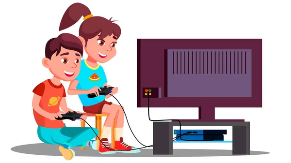 Мальчик и девочка вместе играют в видеоигры. Изолированная иллюстрация — стоковый вектор