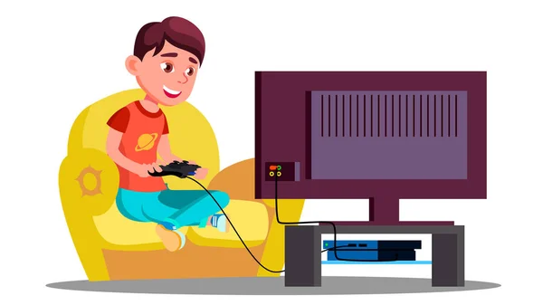 Little Boy Playing Video Games On The Couch Vector. Isolated Illustration — Stock Vector