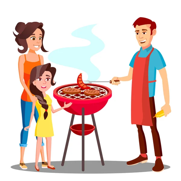 Família feliz tendo churrasco no vetor ao ar livre. Ilustração isolada — Vetor de Stock