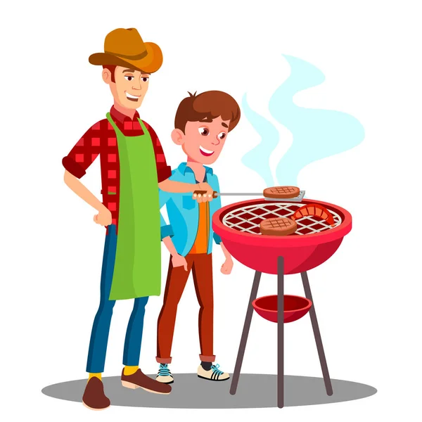 Pai e filho a cozinhar churrasco na grelha juntos Vector. Ilustração isolada —  Vetores de Stock