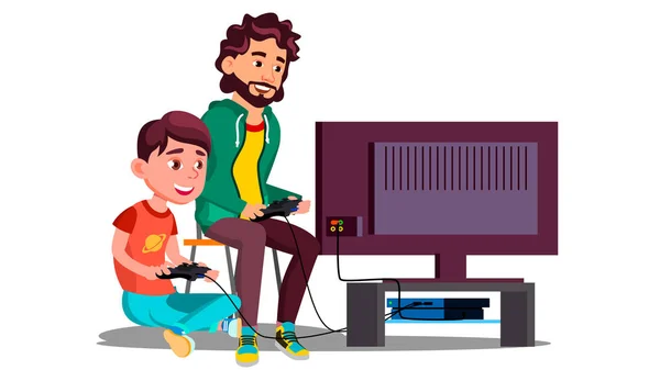 Padre e hijo juegan videojuegos sentados juntos Vector. Ilustración aislada — Vector de stock