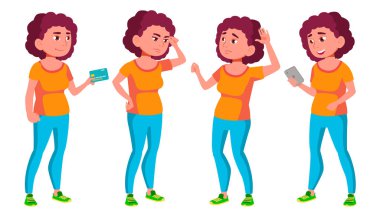 Şişman Genç kız Set vektör teşkil etmektedir. Güzellik, yaşam tarzı. Web, Poster, kitapçık tasarımı için. İllüstrasyon izole karikatür