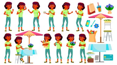 Genç kız Set vektör teşkil etmektedir. Hint, Hindu. Asya. Yüz. Çocuklar. Web, broşür, afiş tasarımı için. İllüstrasyon izole karikatür