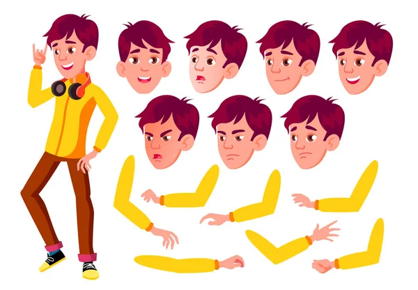 Teen Boy Vector. Adolescent. Jolie, Youth. Émotions du visage, gestes divers. Animation Création Set. Illustration de personnage de dessin animé plat isolé — Image vectorielle