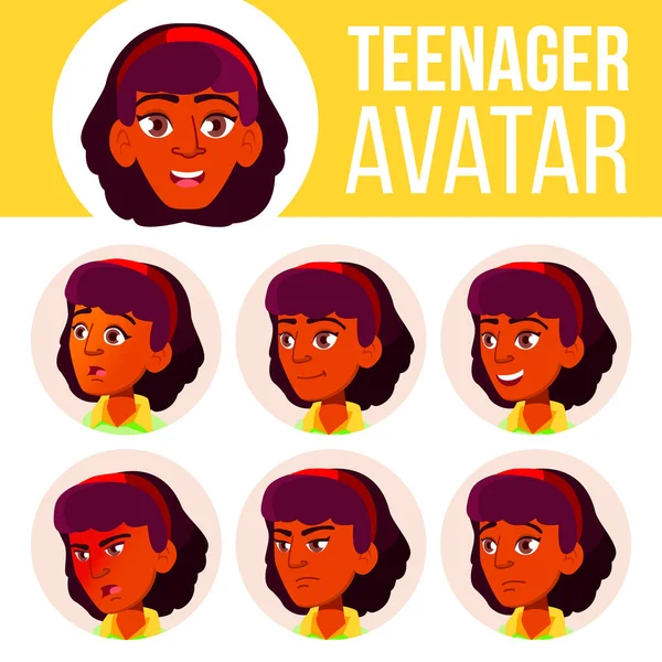 Teen Girl Avatar Set Vector. Indio, hindú. Asiática. Emociones faciales. Usuario, Carácter. Ánimo, Bonita. Ilustración de cabeza de dibujos animados — Vector de stock