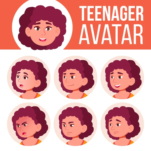 Tlustý Teen dívka Avatar Set vektor. Tvář emoce. Dítě. Je to vždycky. Kreslený obrázek hlavy — Stockový vektor