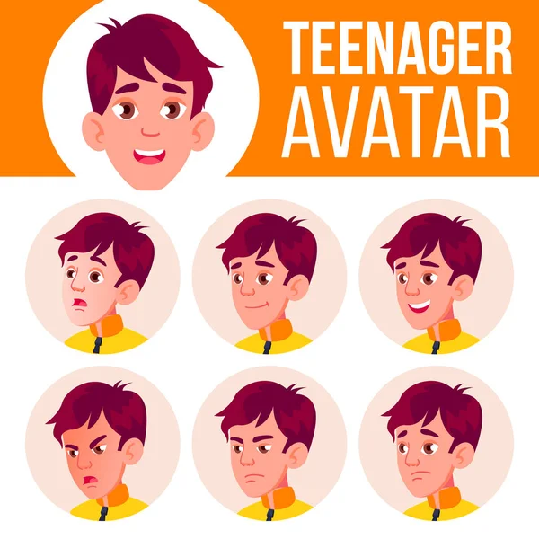 十代の少年アバター セット ベクトル。顔の感情。校生。漫画の頭の図 — ストックベクタ