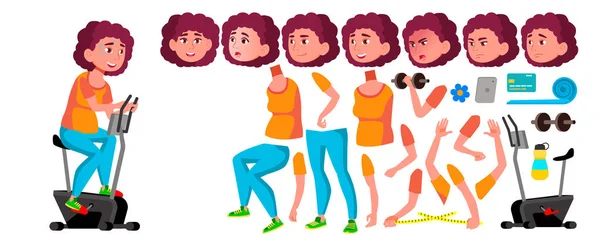 Dik tiener meisje Vector. Animatie maken Set. Gezicht emoties, gebaren. Vrienden, leven. Geanimeerd. Dieet, Fitness, gezondheid. Voor reclame, groeten, aankondiging Design. Geïsoleerde Cartoon afbeelding — Stockvector