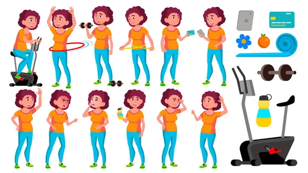 Fette Teenager Mädchen posiert Set Vektor. Freundlich, fröhlich. Ernährung, Fitness, Gesundheit. für Banner, Flyer, Broschüren. Isolierte Cartoon-Illustration — Stockvektor
