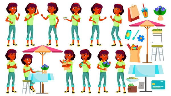 Teen Girl Poses Set Vector. Indio, hindú. Asiática. Cara. Niños. Para Web, Folleto, Diseño de Carteles. Ilustración de dibujos animados aislados — Archivo Imágenes Vectoriales