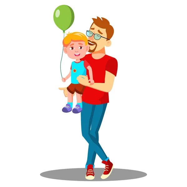 Padre joven con un niño con globos en sus brazos Vector. Ilustración aislada — Vector de stock