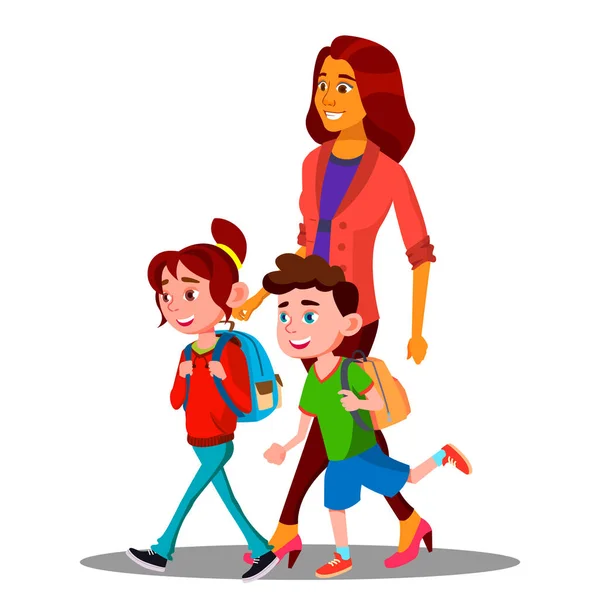 Mãe caminhando para a escola com crianças no Ano Novo da Escola Vector. Ilustração isolada —  Vetores de Stock