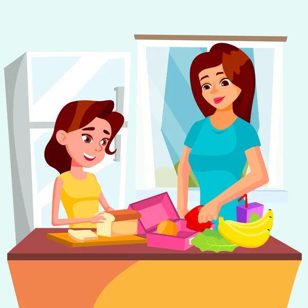 Daughter Helps Her Mother Cooking Together In The Kitchen Vector. Isolated Illustration — Stock Vector