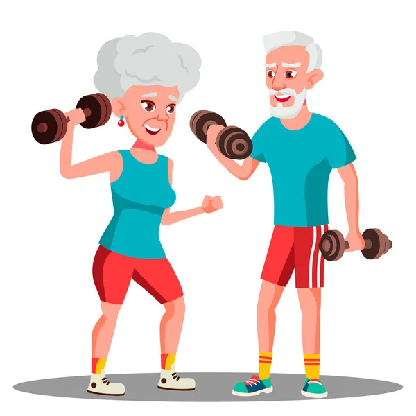 Elderly Couple Doing Sports With Dumbbells Together Vector. Isolated Illustration — Stock Vector