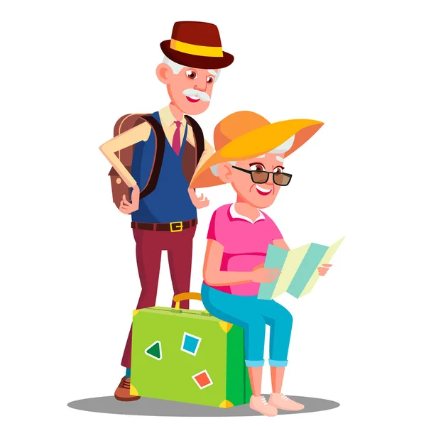 Bejaarde echtpaar op de luchthaven met koffers Vector. Geïsoleerde illustratie — Stockvector