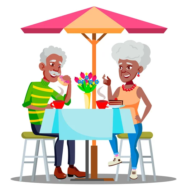 Šťastný pár v Cafe A na stůl pití kávy společně vektoru. Izolované ilustrace — Stockový vektor
