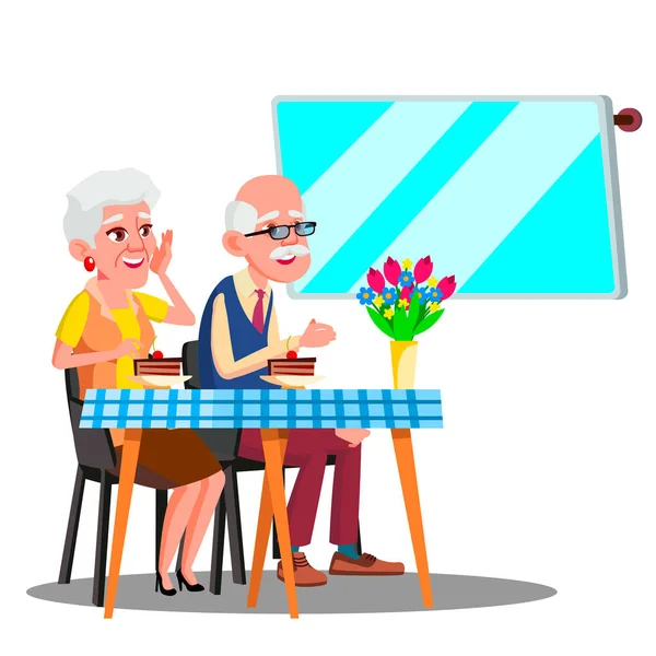 Szczęśliwy, że osoby starsze para siedząc w Cafe i oglądania w wektor cyfrowy ekran. Ilustracja na białym tle — Wektor stockowy