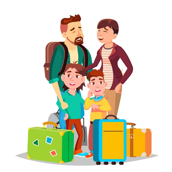 Genitori e figli che viaggiano con valigie vettoriali. Illustrazione isolata — Vettoriale Stock