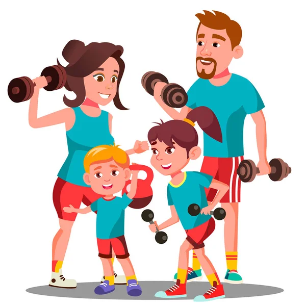 Спортивная семья, родители и дети занимаются спортом на открытом воздухе вектор. Изолированная иллюстрация — стоковый вектор