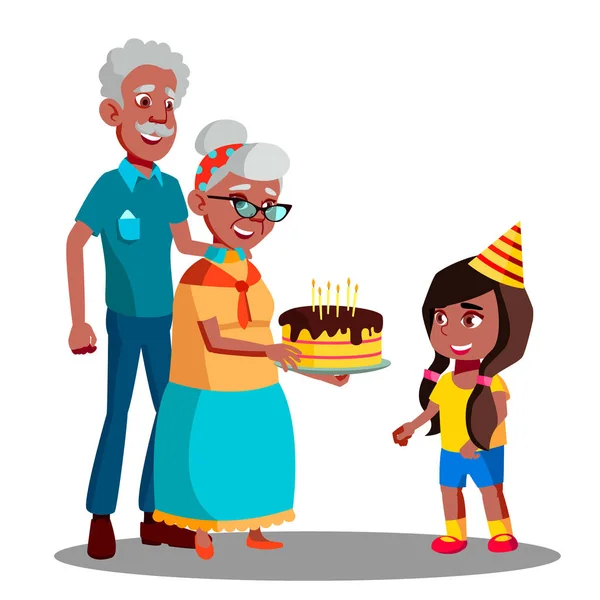 Homem velho afro-americano, mulher celebrando criança neta aniversário vetor. Ilustração isolada — Vetor de Stock