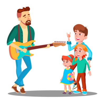 Baba çocuk vektör için gitar çalıyor. İzole illüstrasyon