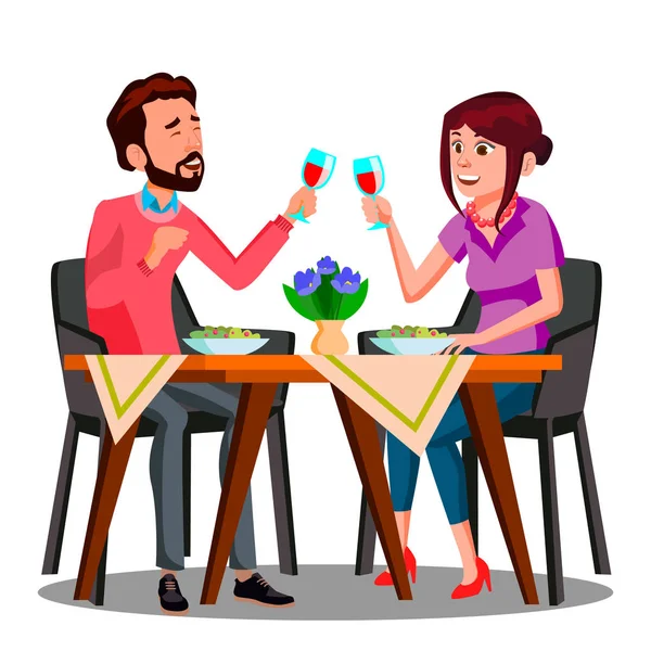 Jeune couple buvant du vin à partir de lunettes dans un vecteur de restaurant. Illustration isolée — Image vectorielle