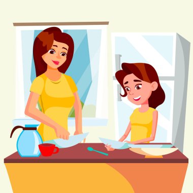 Küçük kız yardımcı anne Yıkama yemekleri Mutfak vektör. İzole illüstrasyon