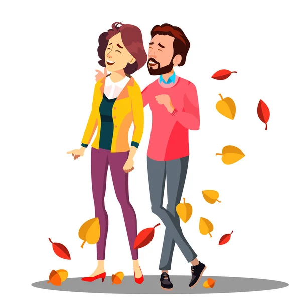 Jong koppel In liefde lopen onder dalende herfst laat Vector. Geïsoleerde illustratie — Stockvector